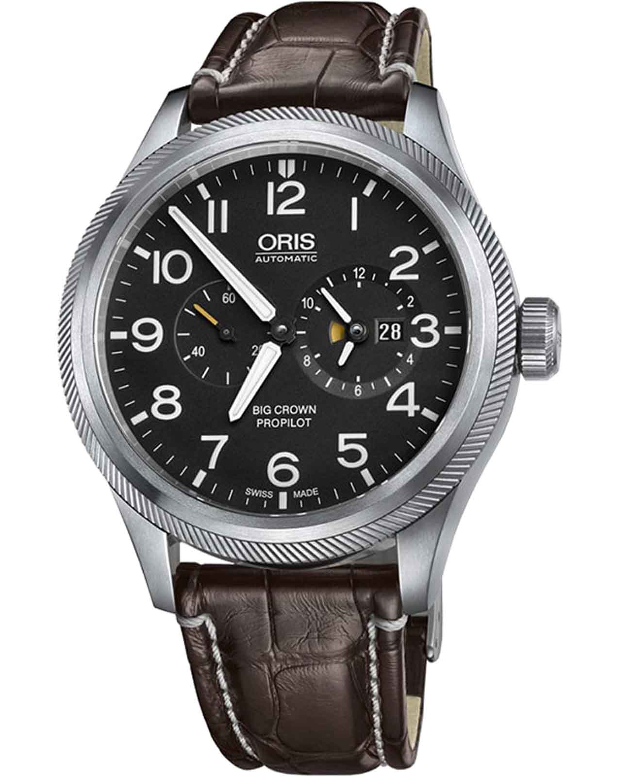 Oris Oris Big Crown 01 690 7735 4164-07 1 22 72FC  01 690 7735 4164-07 1 22 72FC механические мужские часы черный циферблат, браслет кожаный — вид спереди